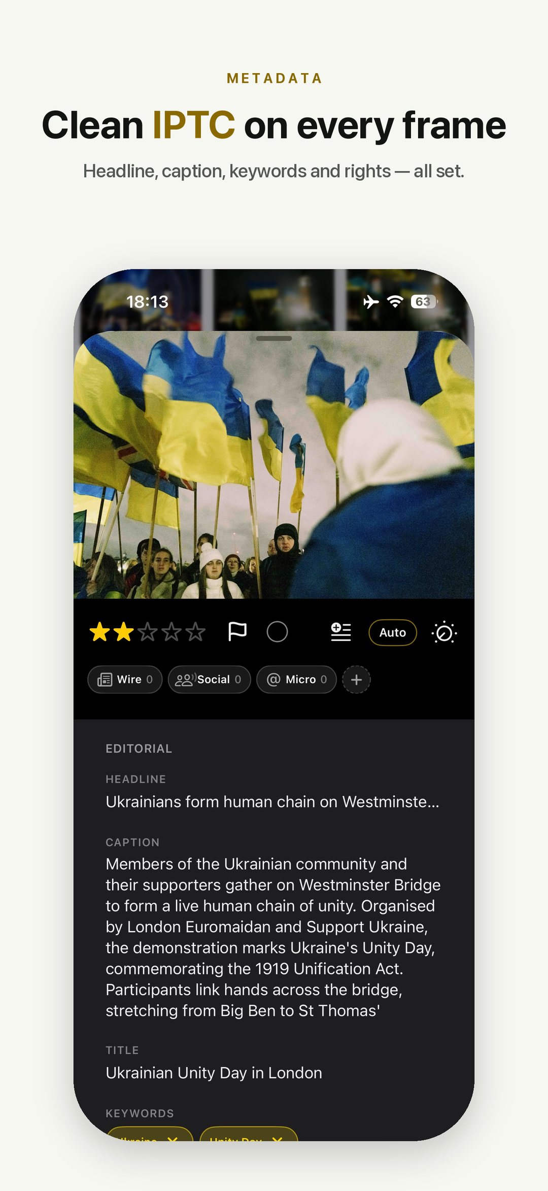 Dispatches — clean IPTC on every frame: headline, caption, keywords and rights