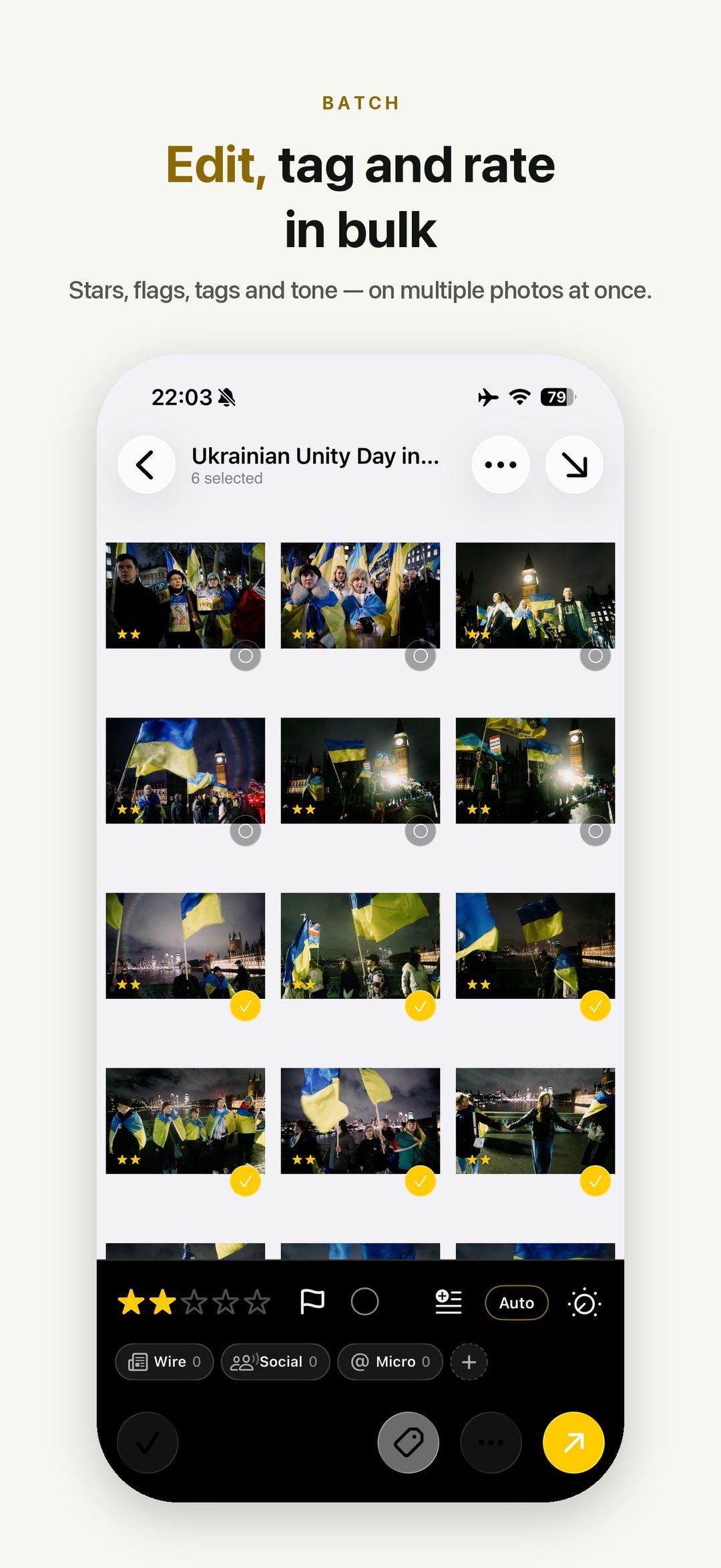 Dispatches — edit, tag and rate in bulk: stars, flags, tags and tone on multiple photos at once