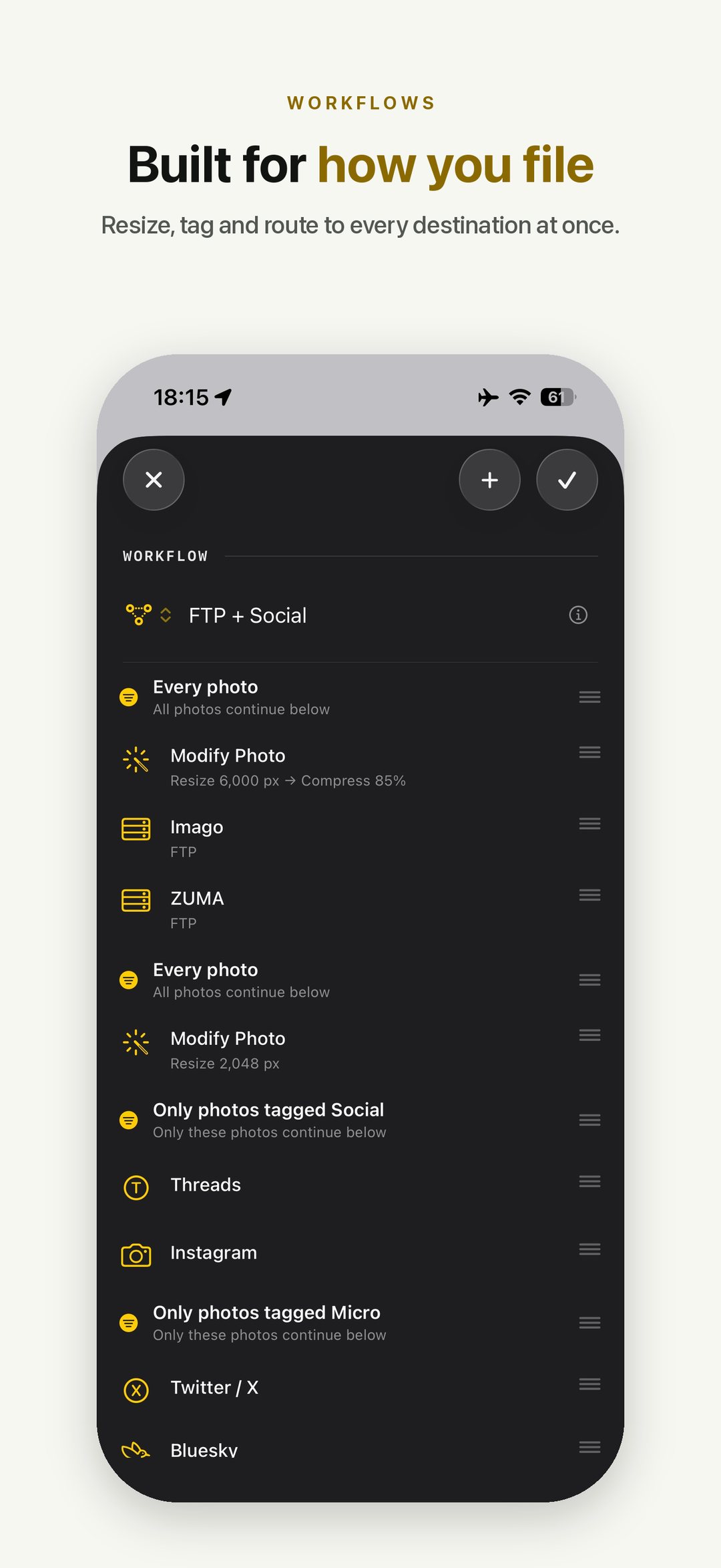 Dispatches — built for how you file: resize, tag and route to every destination at once