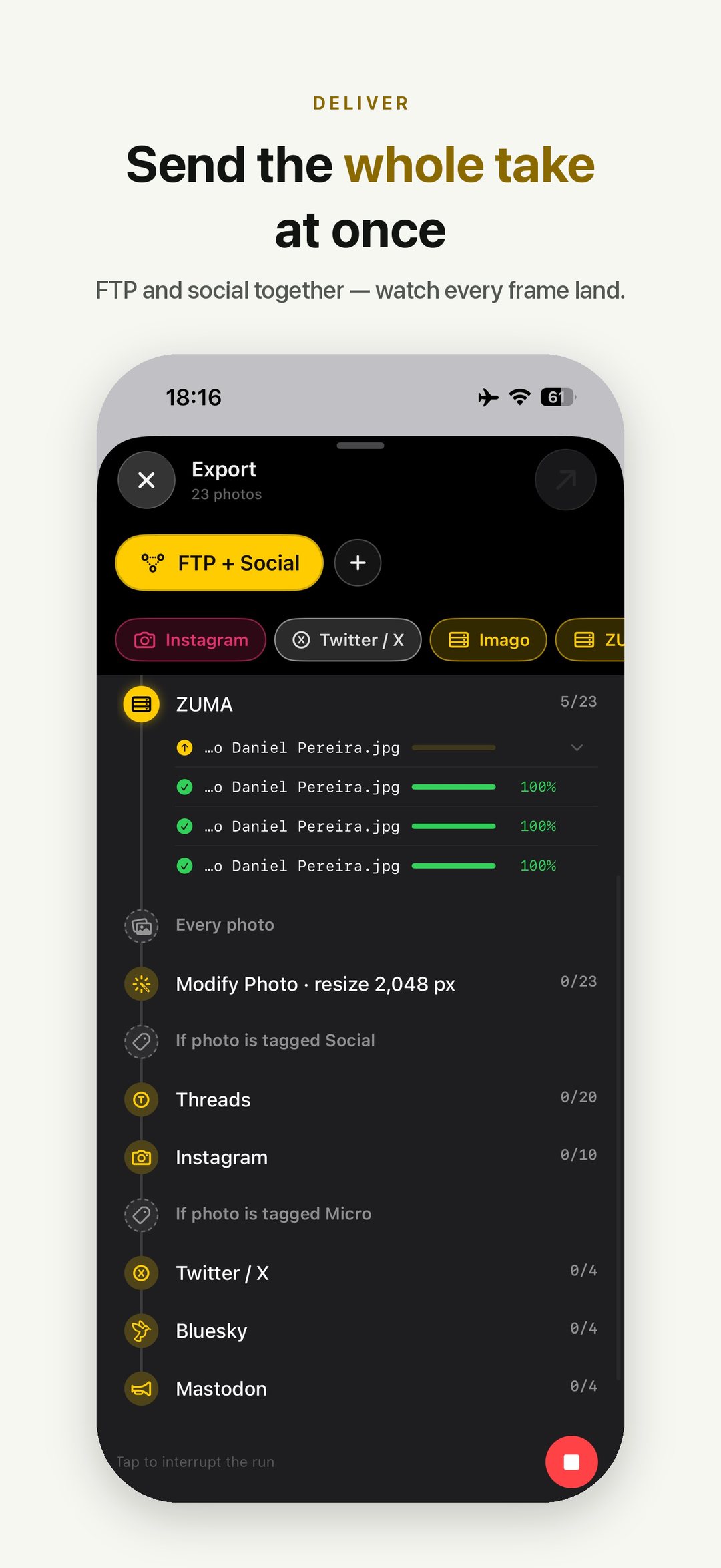 Dispatches — send the whole take at once: FTP and social together